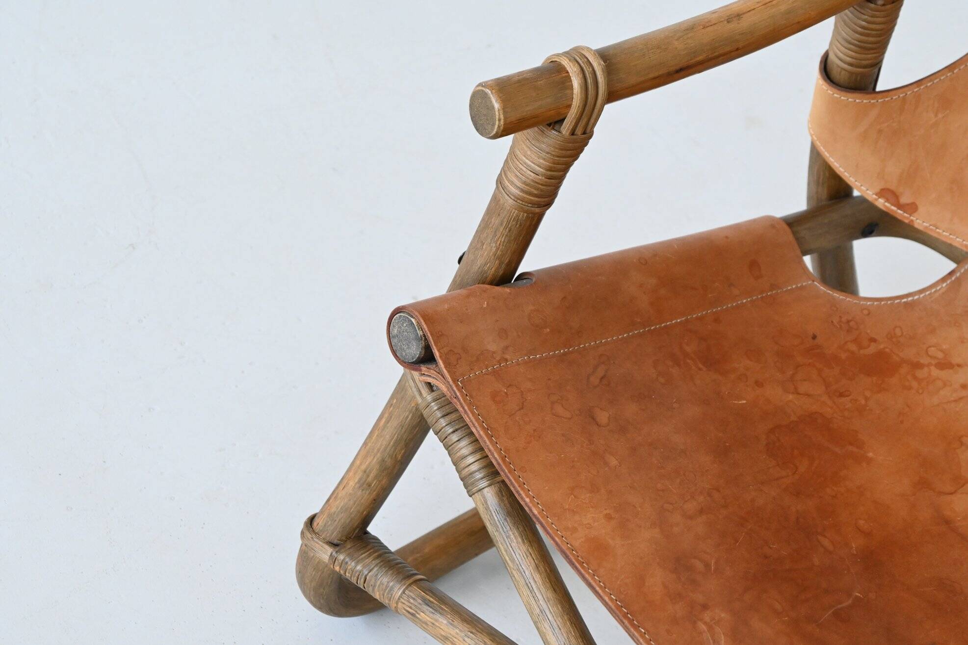Espri safari chair in cognac leather and bamboo IKEA Sweden 1970