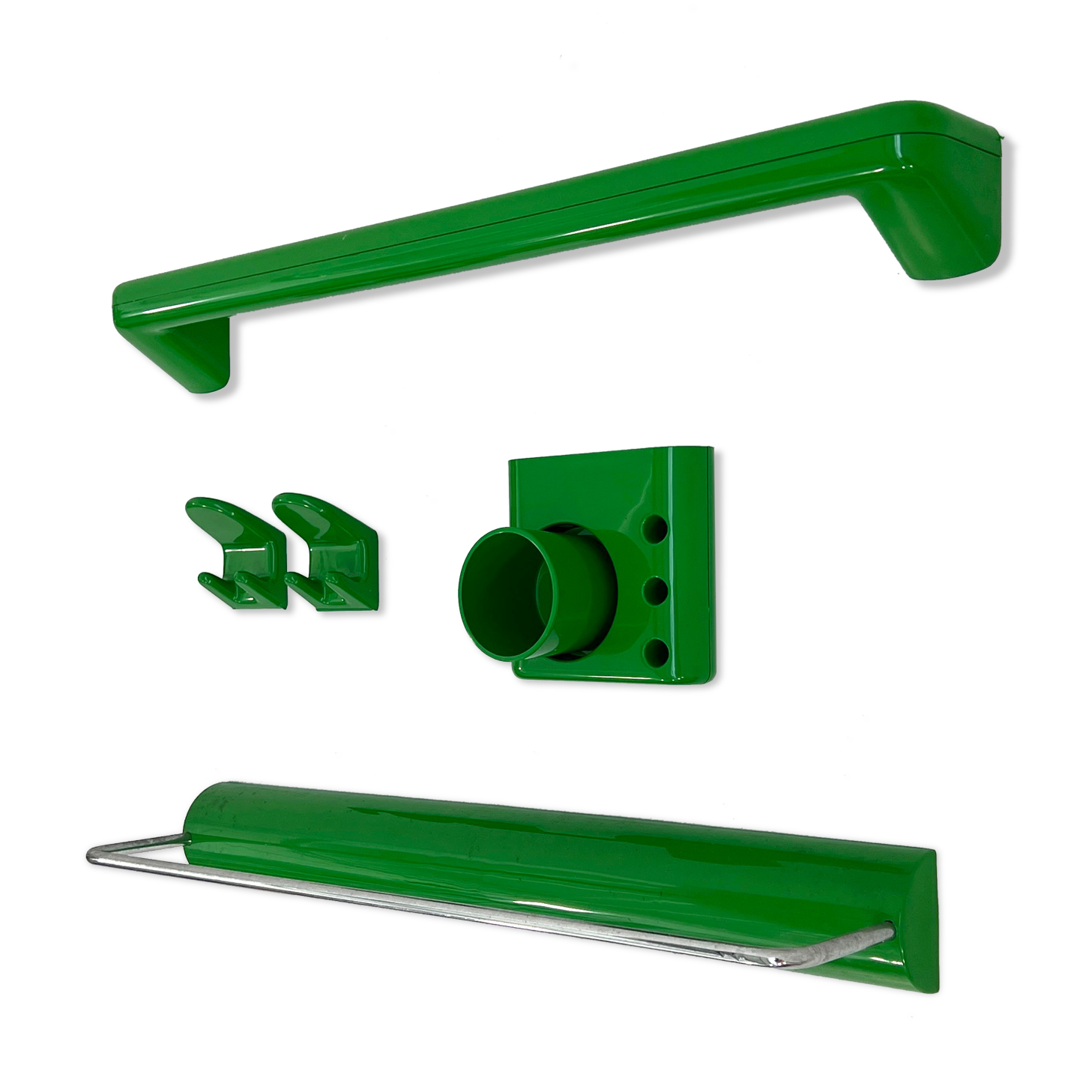 Gedy Green Bathroom Set, 1970s (2 towel rack + 1 cup holder + 2 Hooks)
