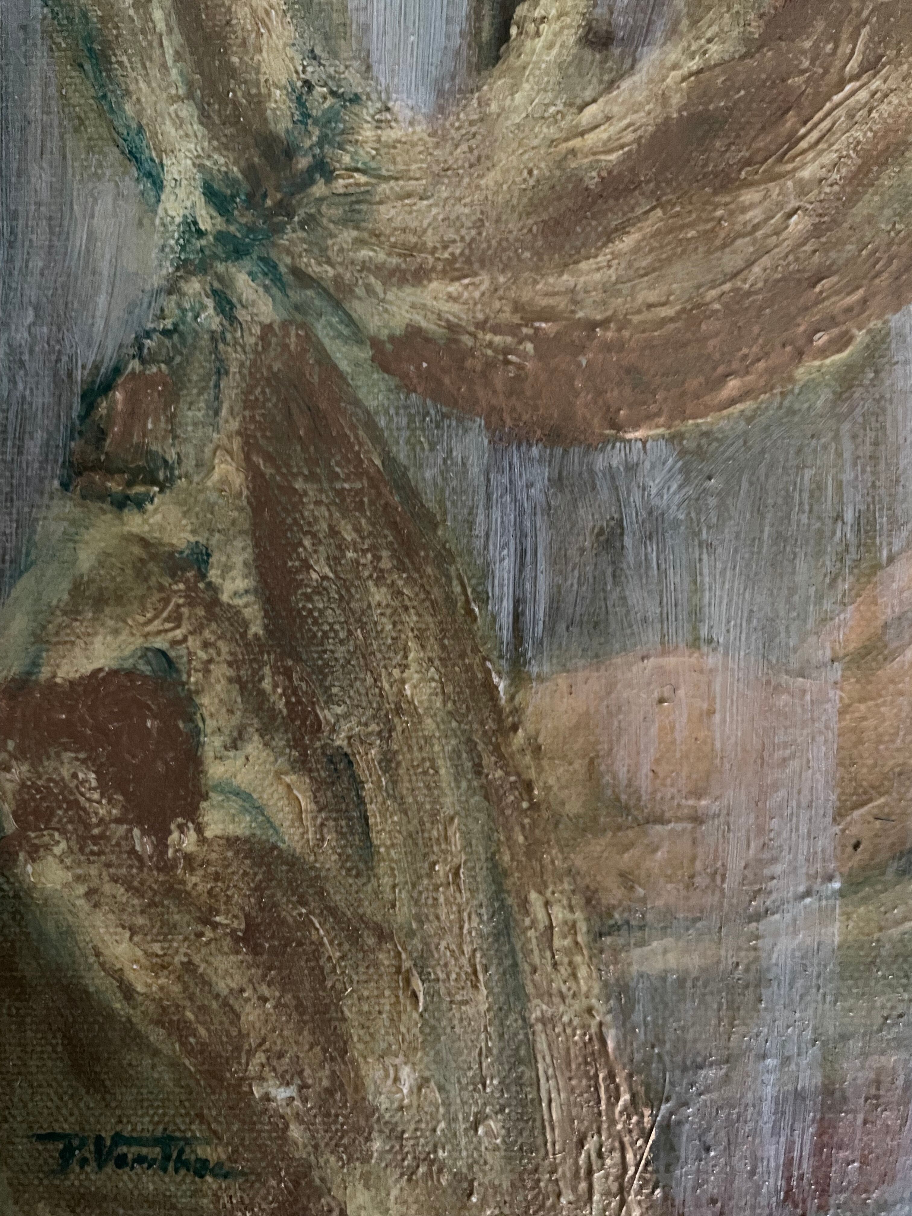 Oil on canvas signed female nude the curtain