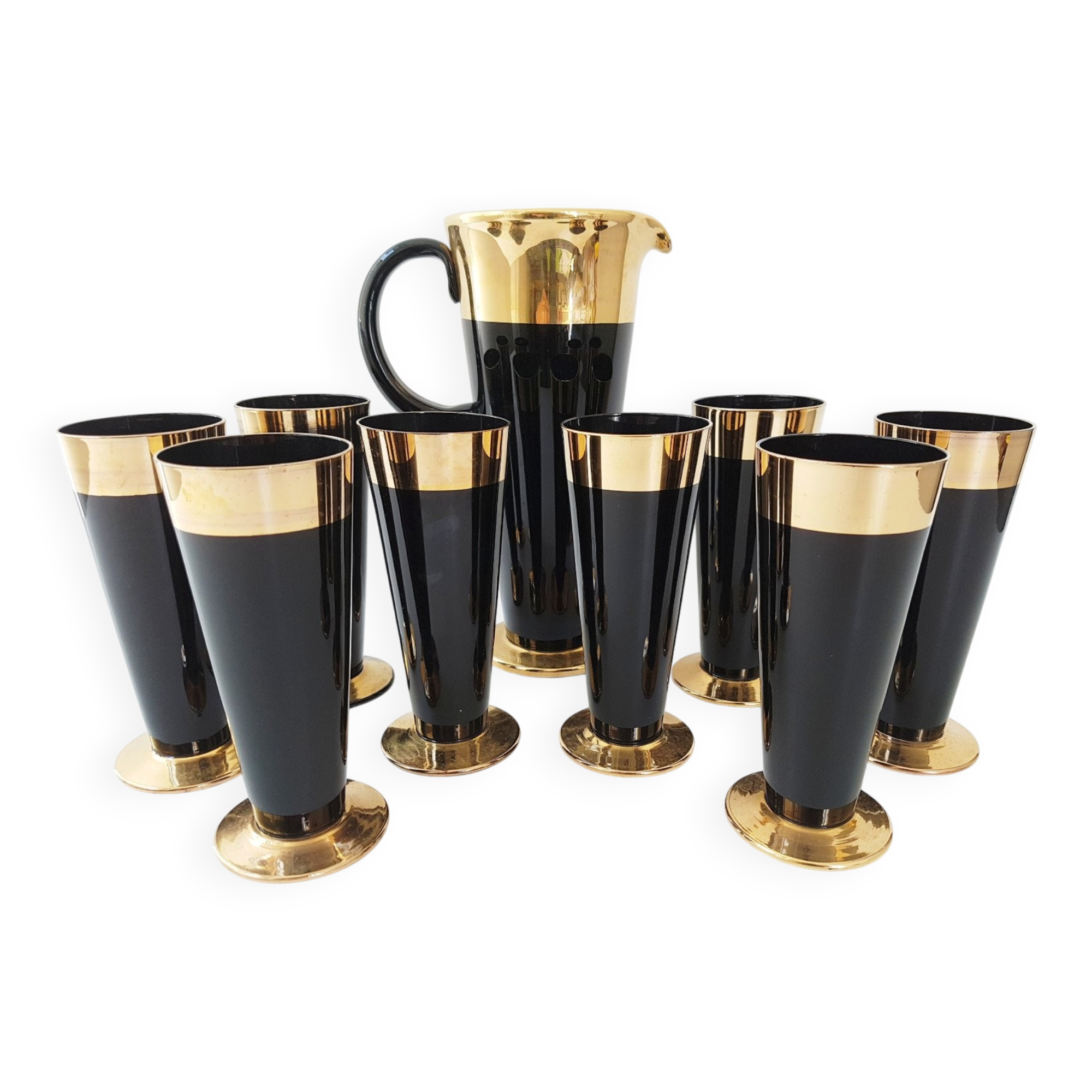 Vintage 1950s black and gold glass lemonade service.