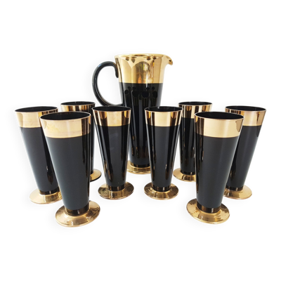 Service à orangeade verre noir & doré vintage années 50