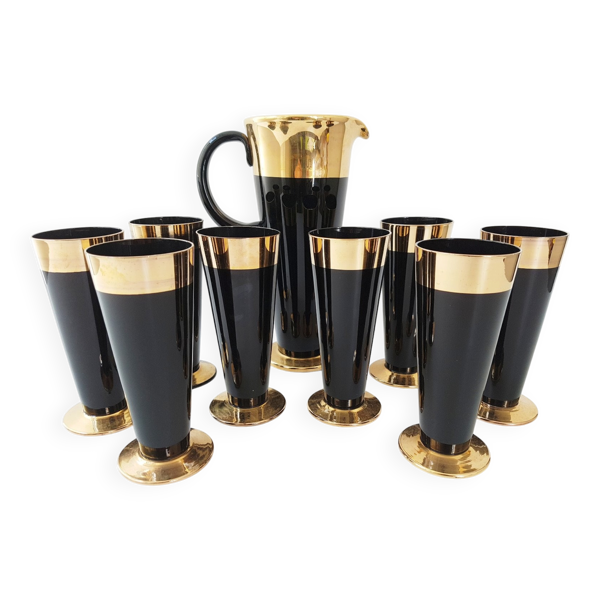 Service à orangeade verre noir & doré vintage années 50