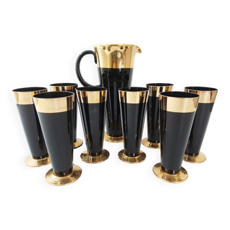 Vintage 1950s black and gold glass lemonade service.
