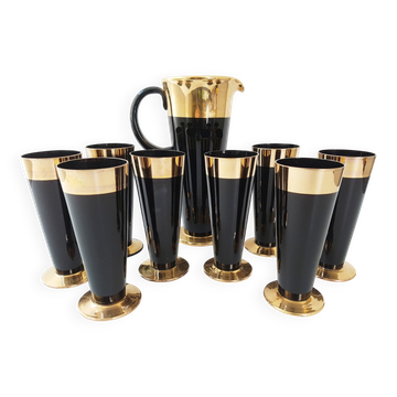 Service à orangeade verre noir & doré vintage années 50