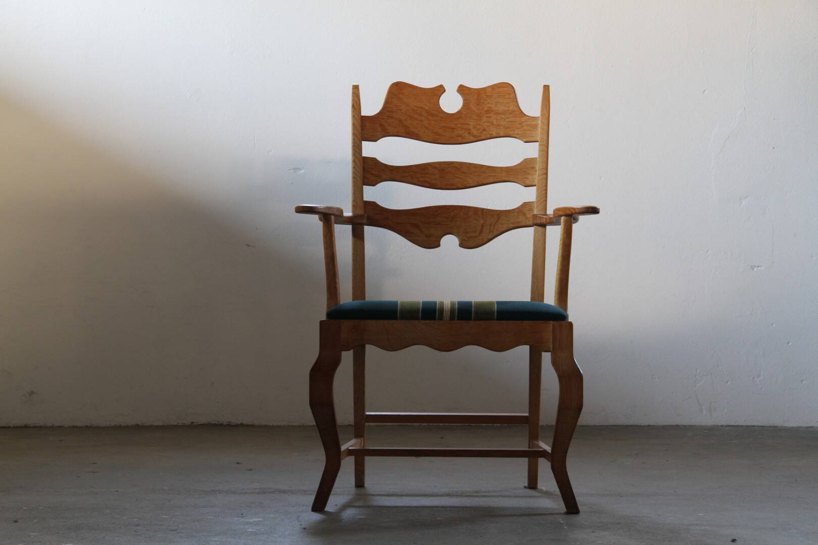 Vintage Brutalist Oak Razorblade Green Striped Armchair by H Kjærnulf, 1960