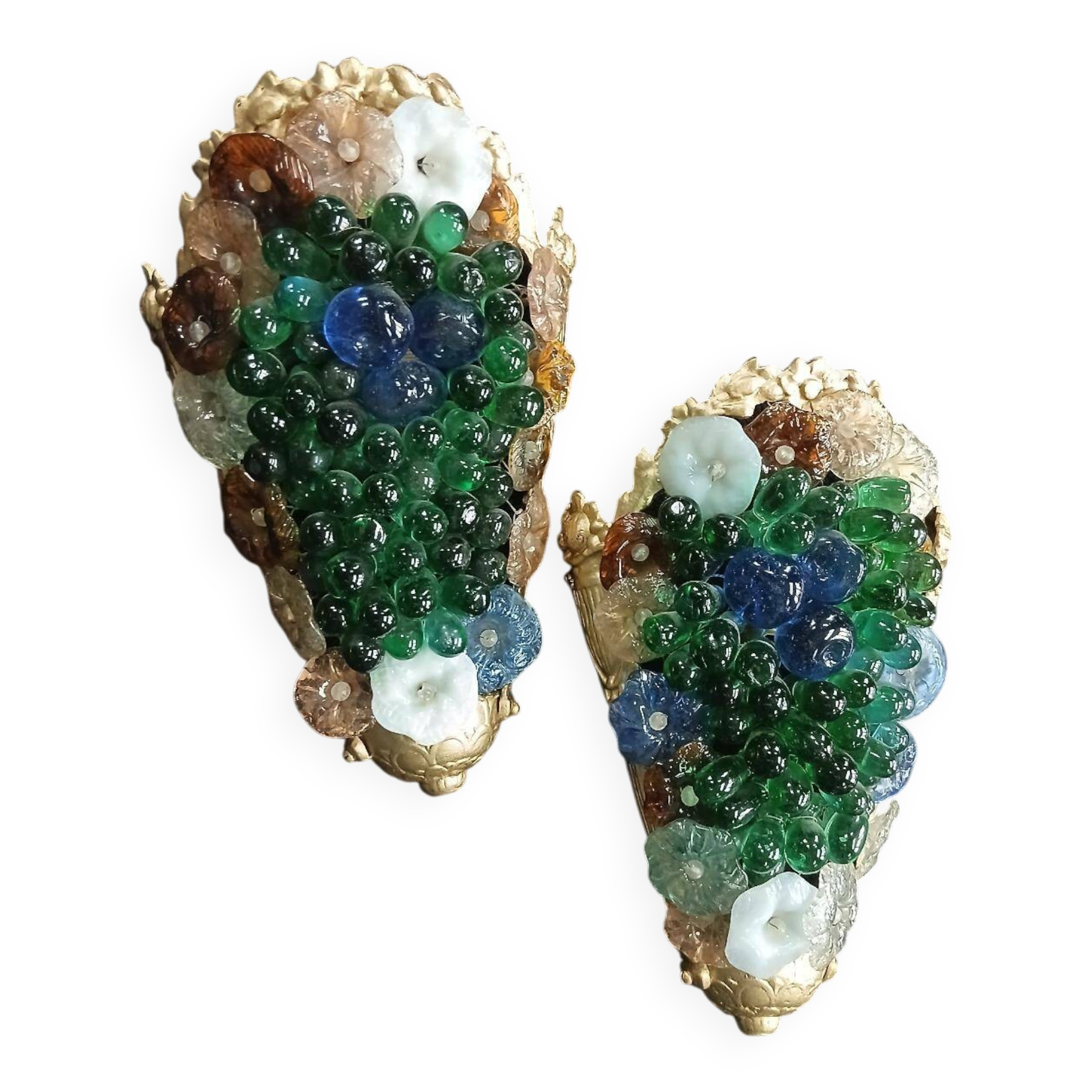 Murano wall sconces – coloured grape glass, bronze anemone