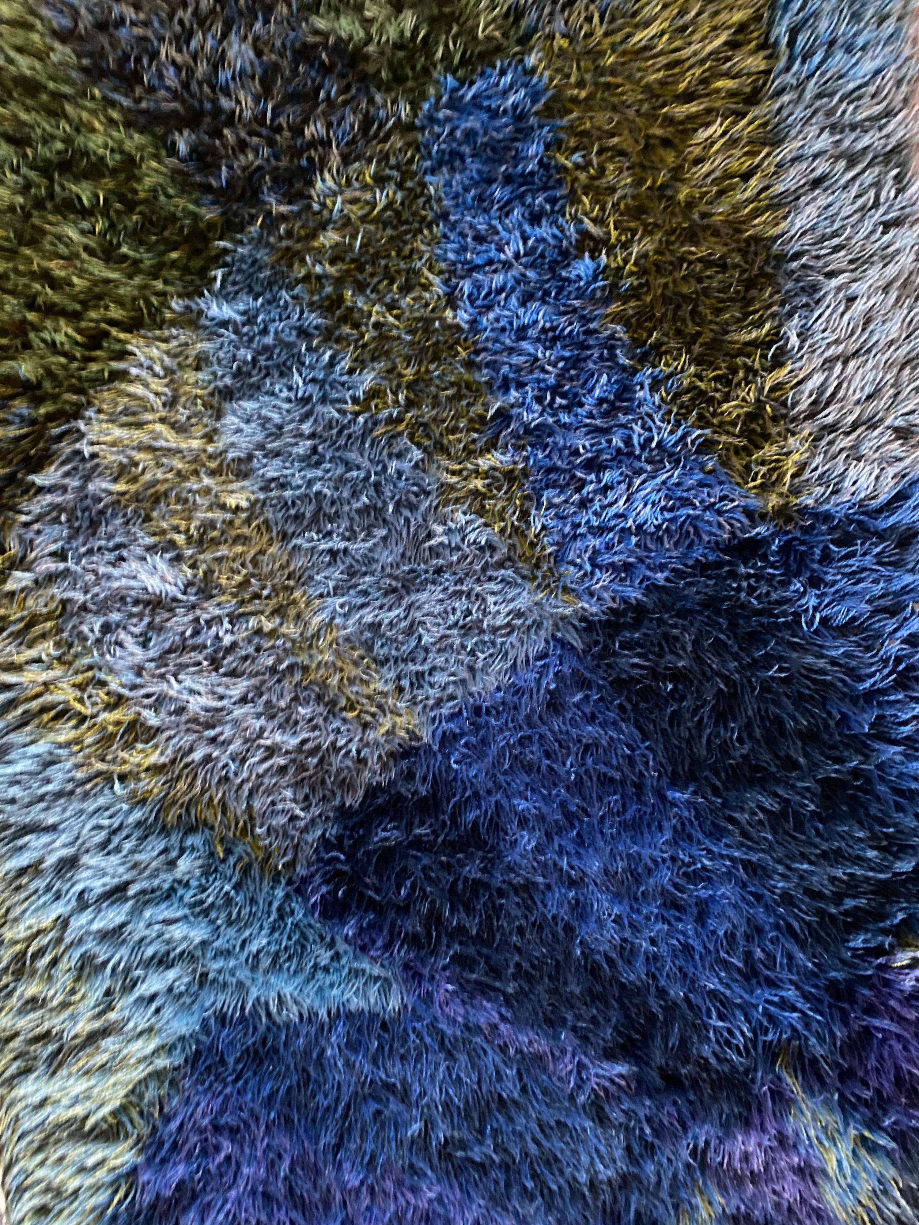 Mid-century Modern High Pile Blue Rya Rug, Sweden, 1960s