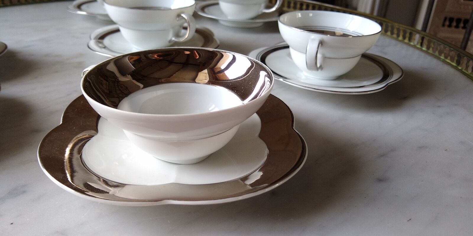 6 tea cups in fine porcelain Epiag white and gray moiré steel
