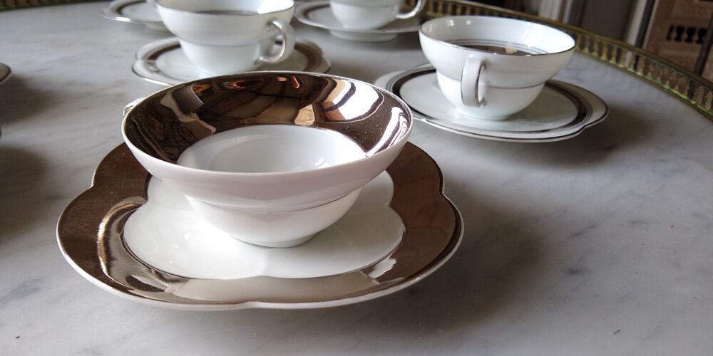 6 tasses à thé en porcelaine fine Epiag blanche et gris acier moiré