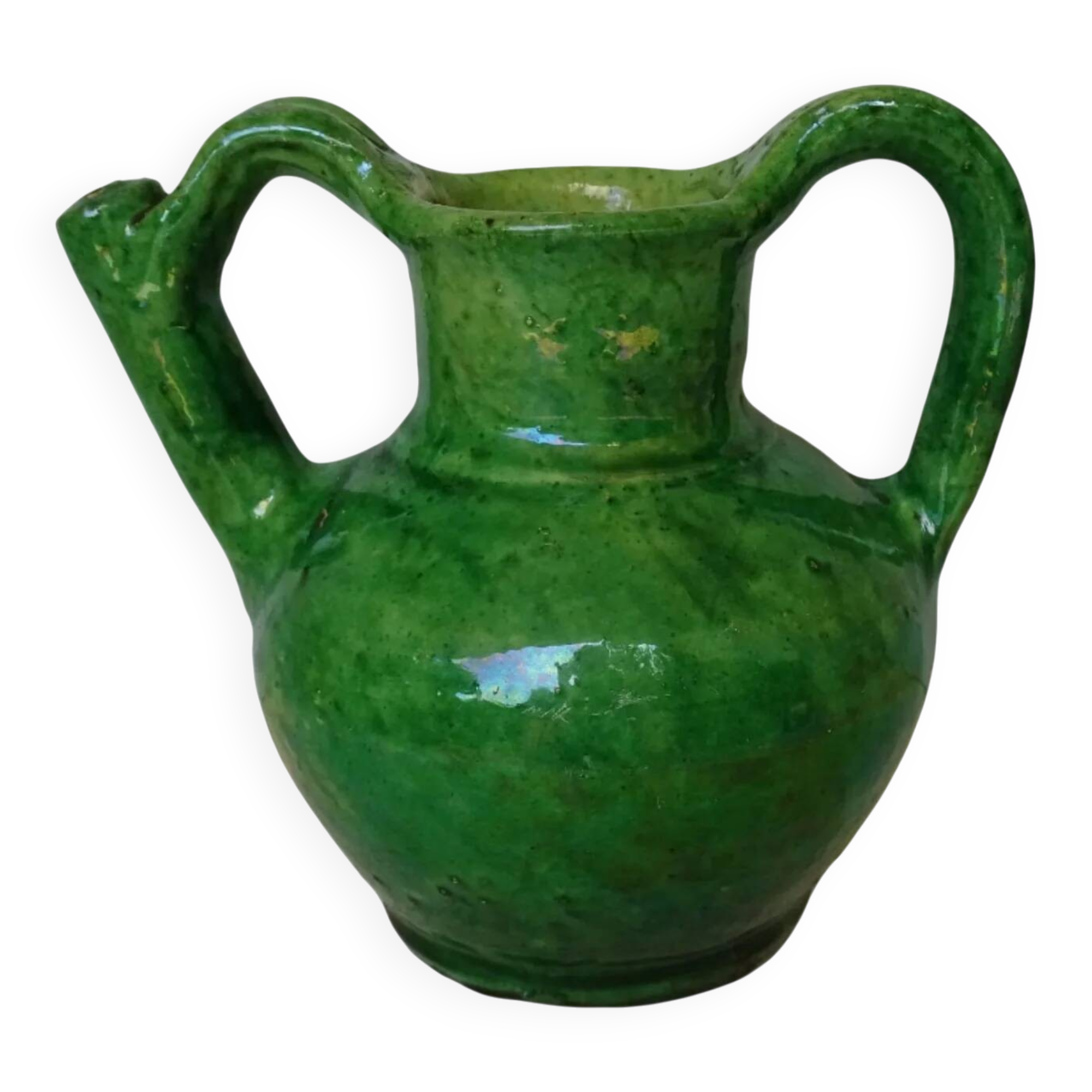 Orjol ou cruche vert antique français en terre cuite émaillée