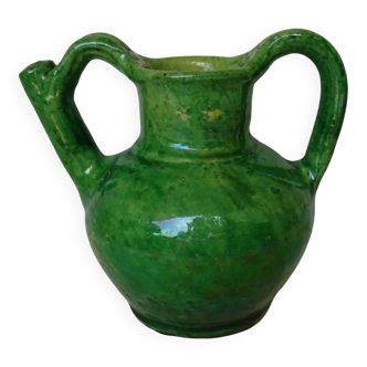 Orjol ou cruche vert antique français en terre cuite émaillée