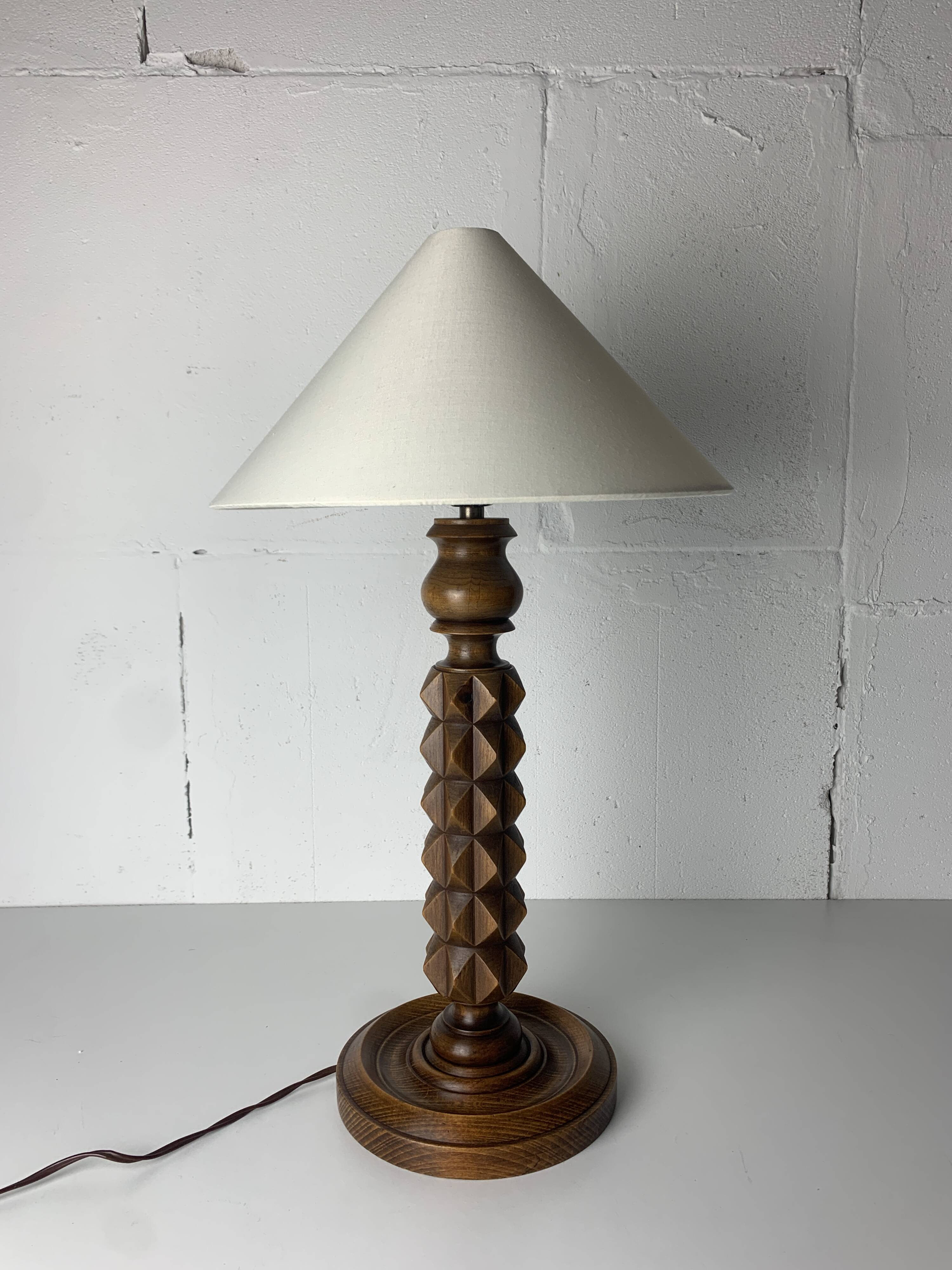 Brutalist wood turned table lamp in the style of Charles Dudouyt, 1940s
