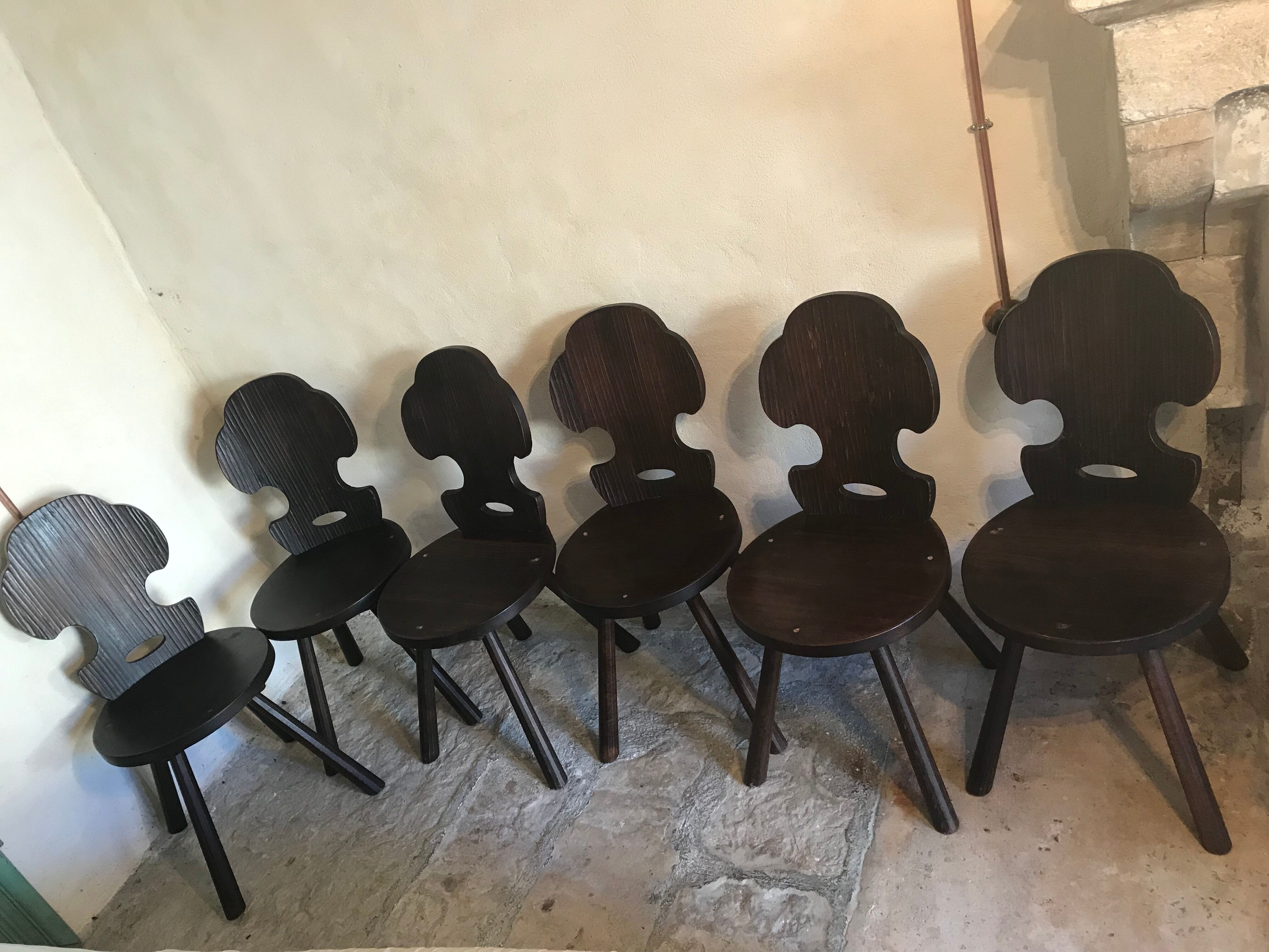 Set of 6 vintage brutalist solid wood chairs