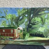 Table, painting on canvas, the caravan unsigned vintage
