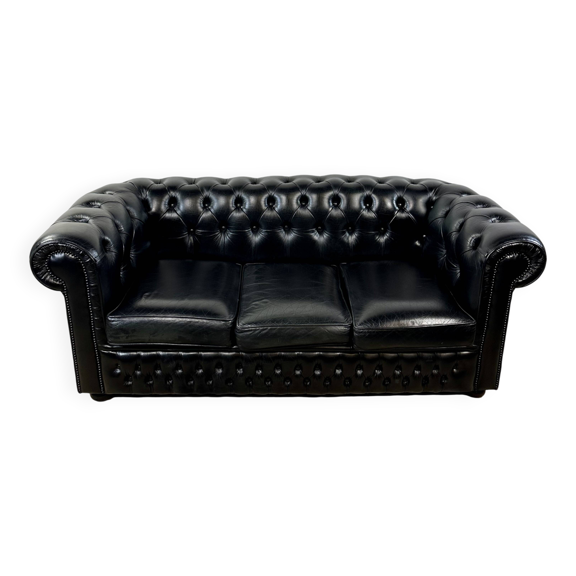 Vintage 1980 black leather Chesterfield sofa