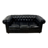 Vintage 1980 black leather Chesterfield sofa