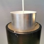 A set of beautiful cylinder shaped hanging lamps in silver color with black "ring" Danish 1970s.