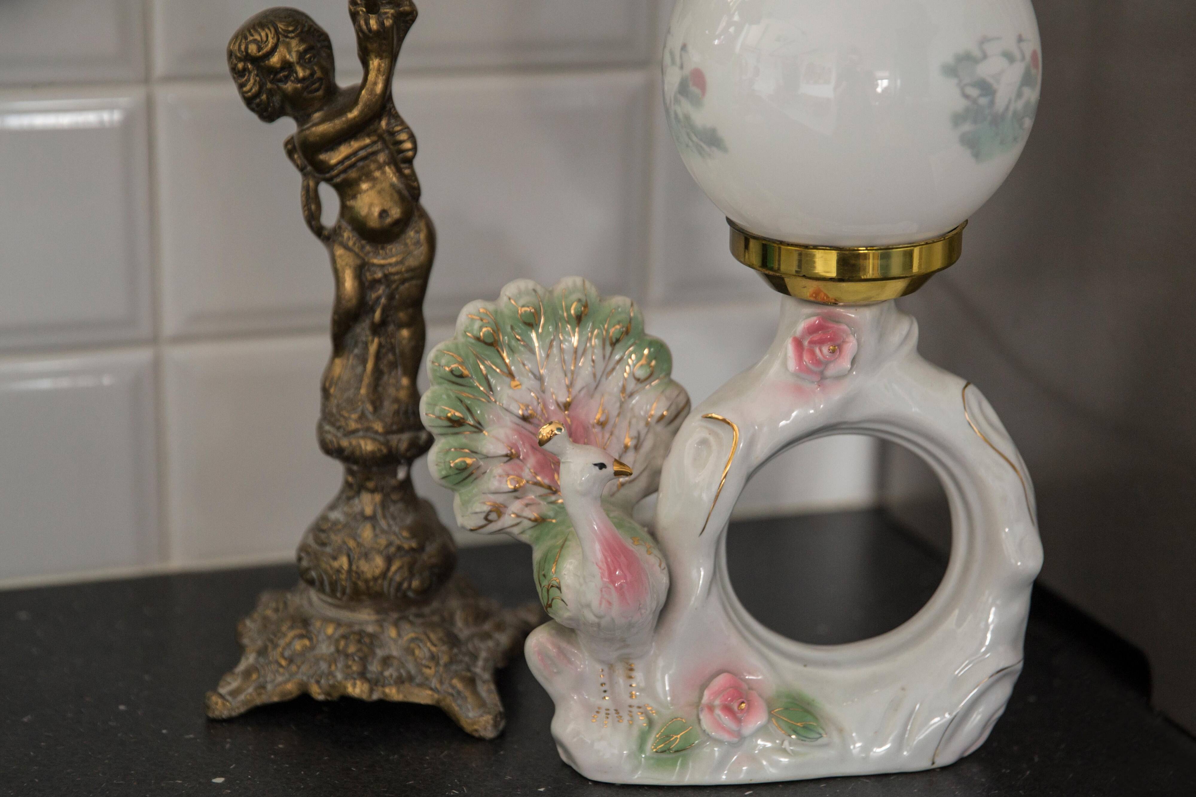 Mid-century white ceramic peacock table lamp, Europe, 1960s.