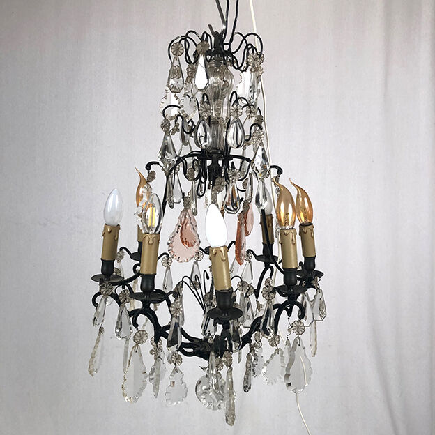 Black lacquered metal chandelier and crystal tassels