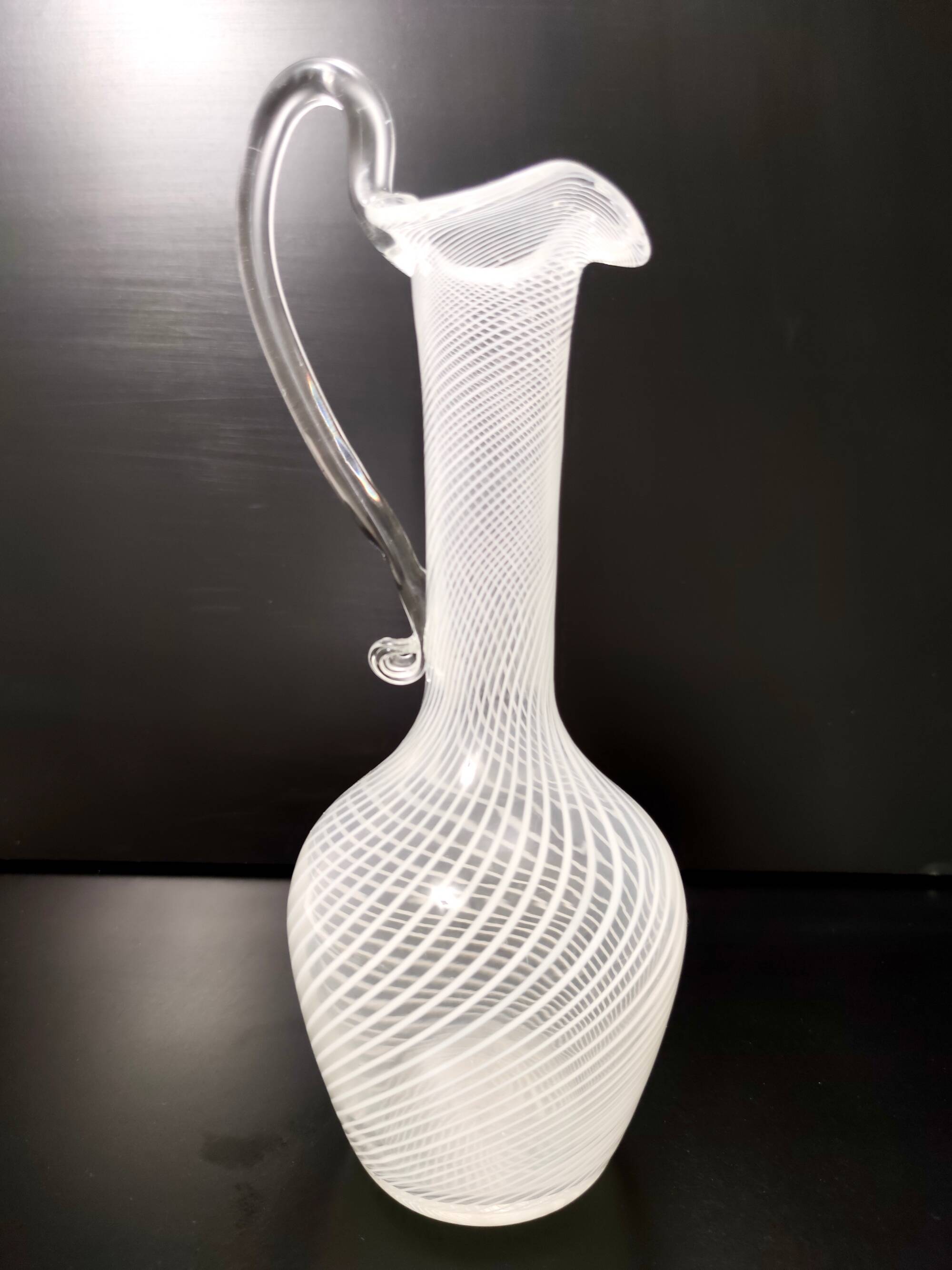Murano Glass Pitcher Vase with White and Transparent Canes, Italy