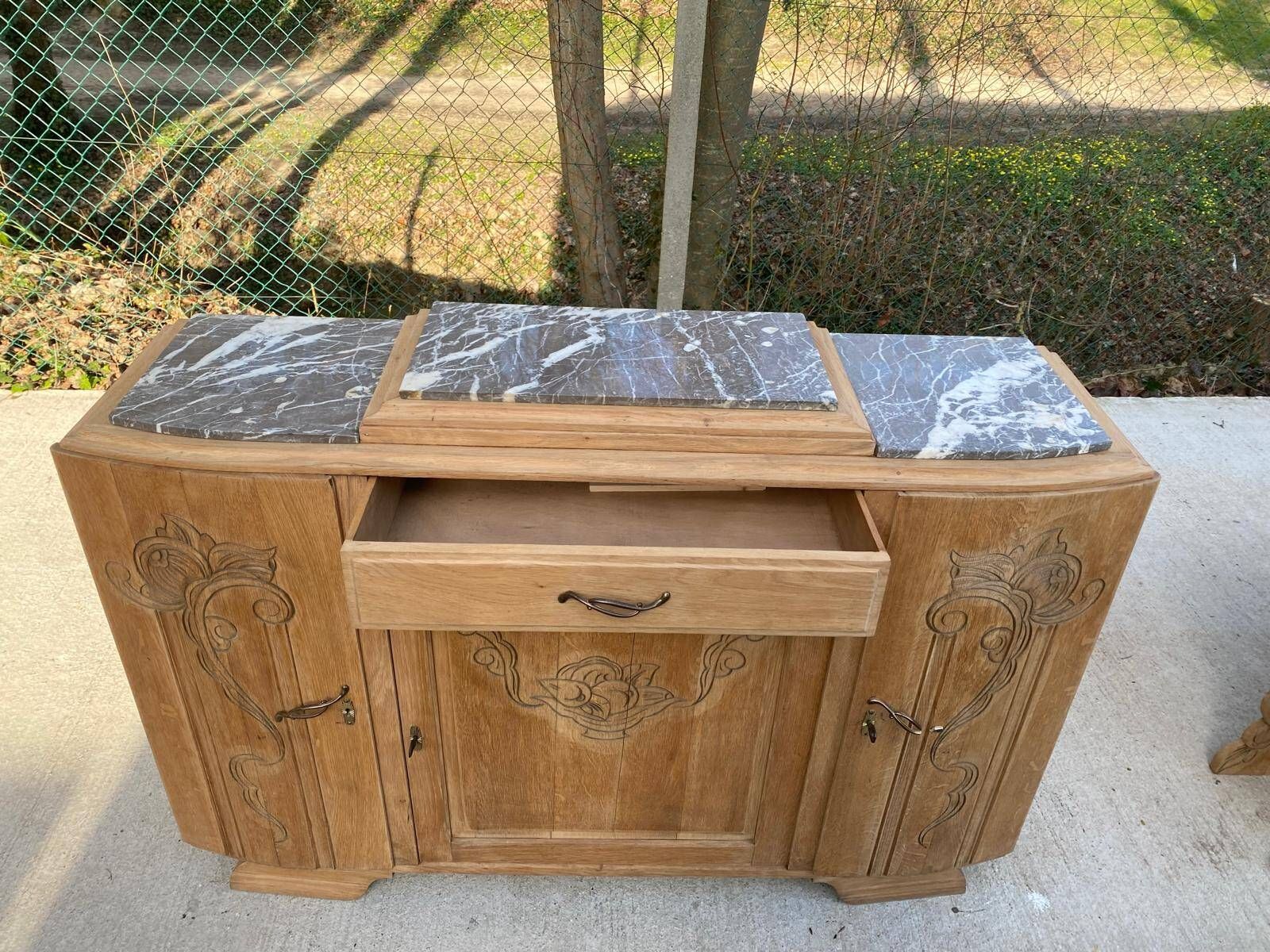 Parisian art deco 2-part buffet renovated in solid oak and marble 1940
