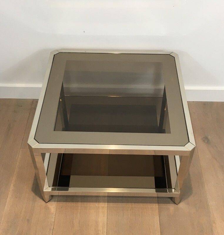 Pair of octagonal chrome side tables with tinted glass tops