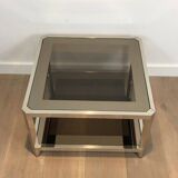 Pair of octagonal chrome side tables with tinted glass tops