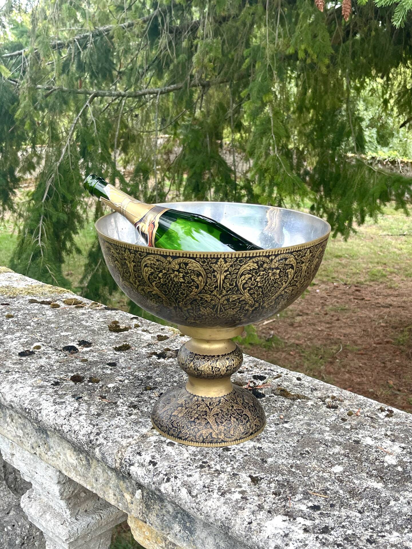 Ornate Floral Pedestal Champagne Cooler, brass ice bucket