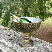 Ornate Floral Pedestal Champagne Cooler, brass ice bucket