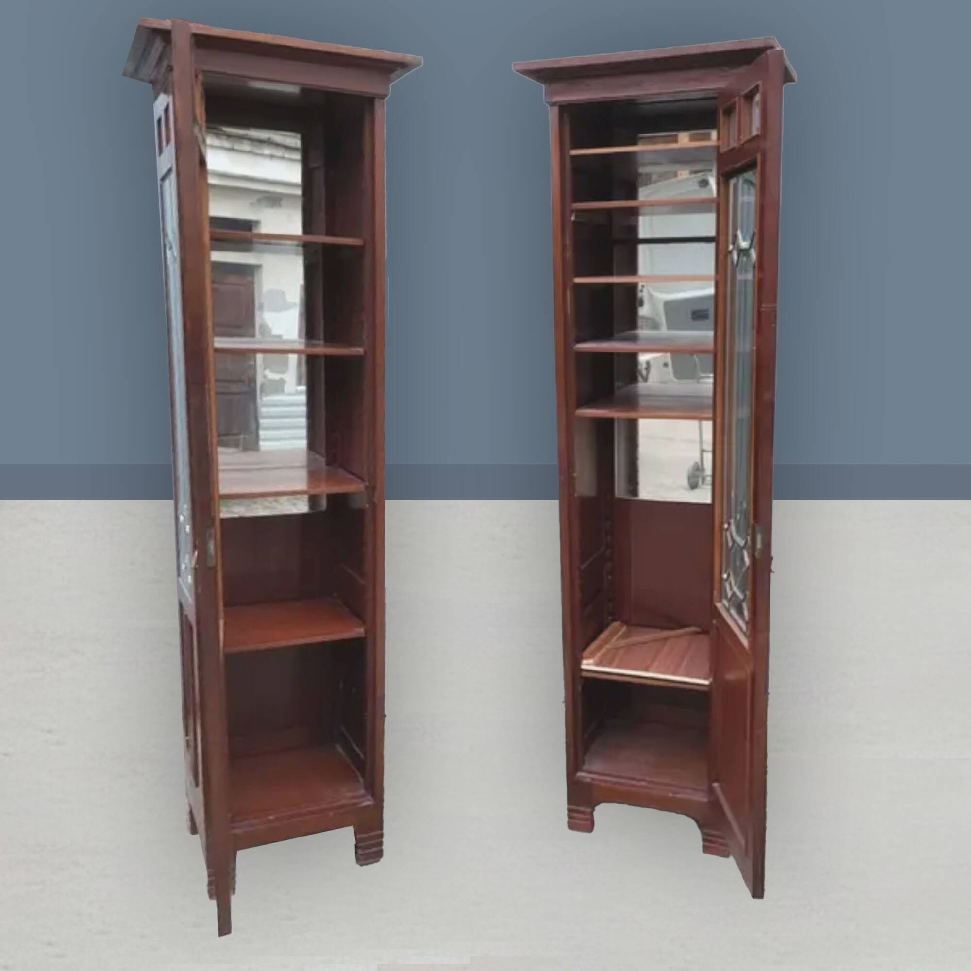 Pair of Art Nouveau solid wood showcases, Central Europe, circa 1910