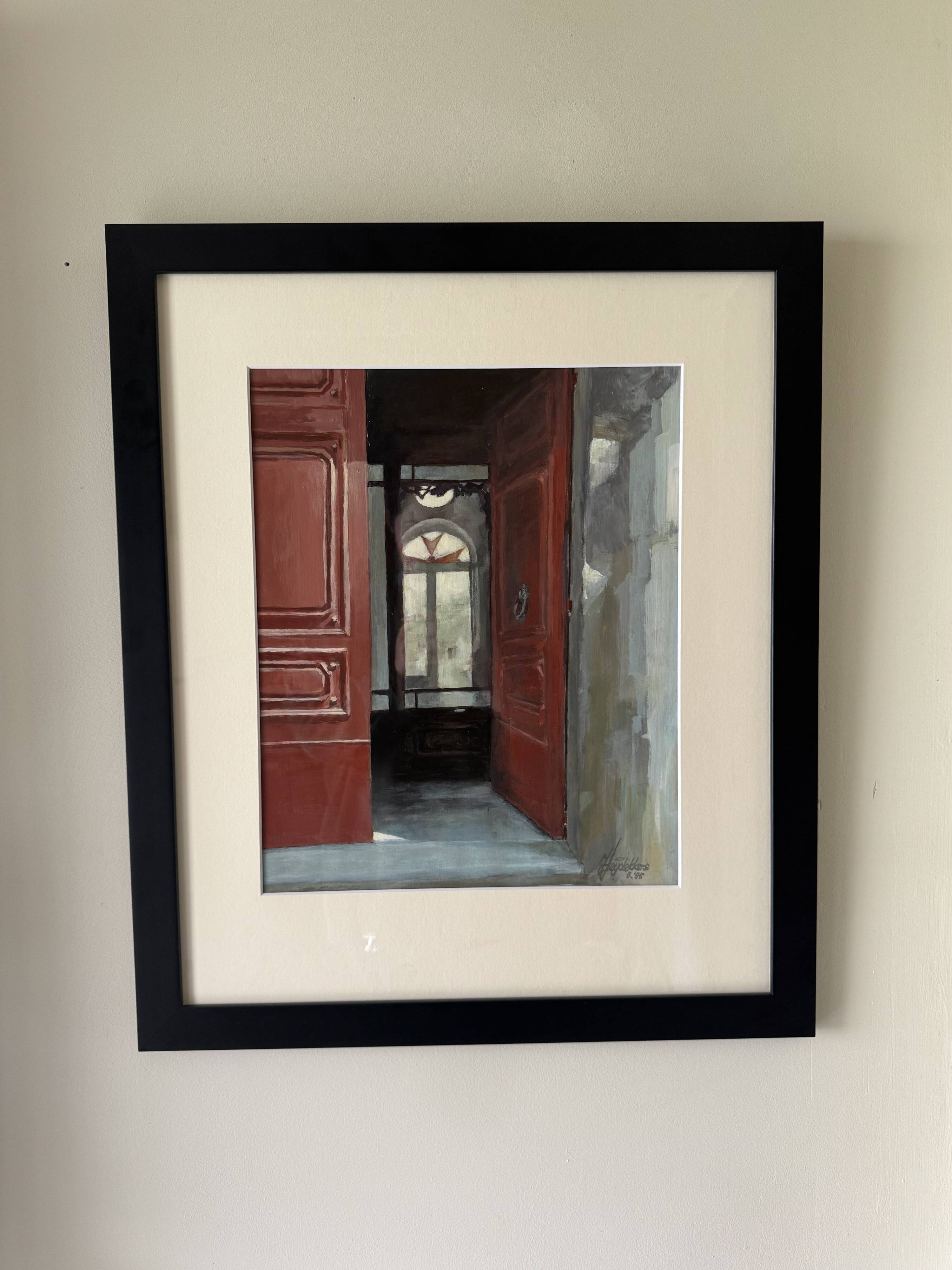 Original Signed Framed Oil Artwort Of Parisian Red Door