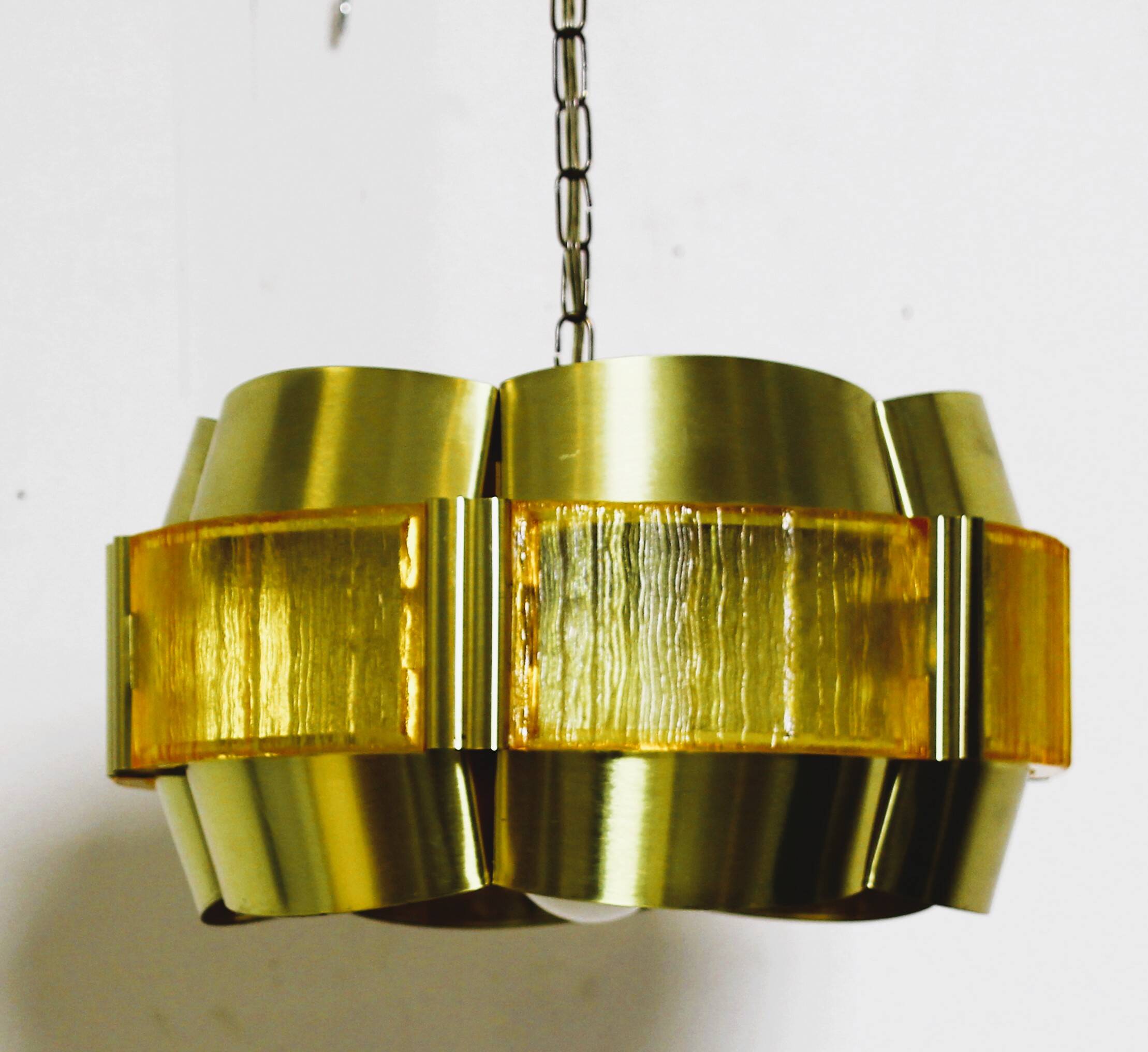 Brass and plastic pendant lamp by Werner Schou, Denmark, 1960