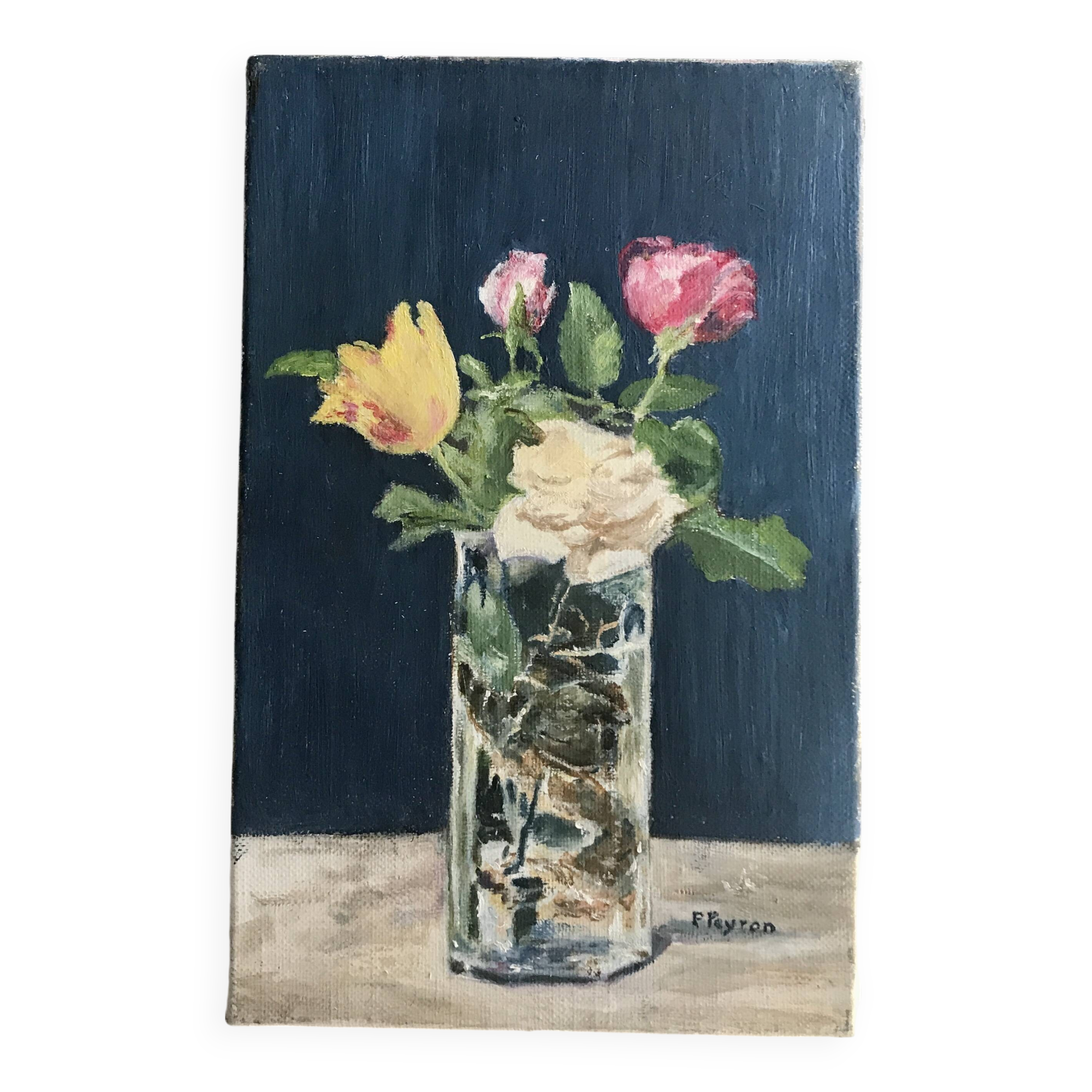 Small oil on canvas bouquet of roses