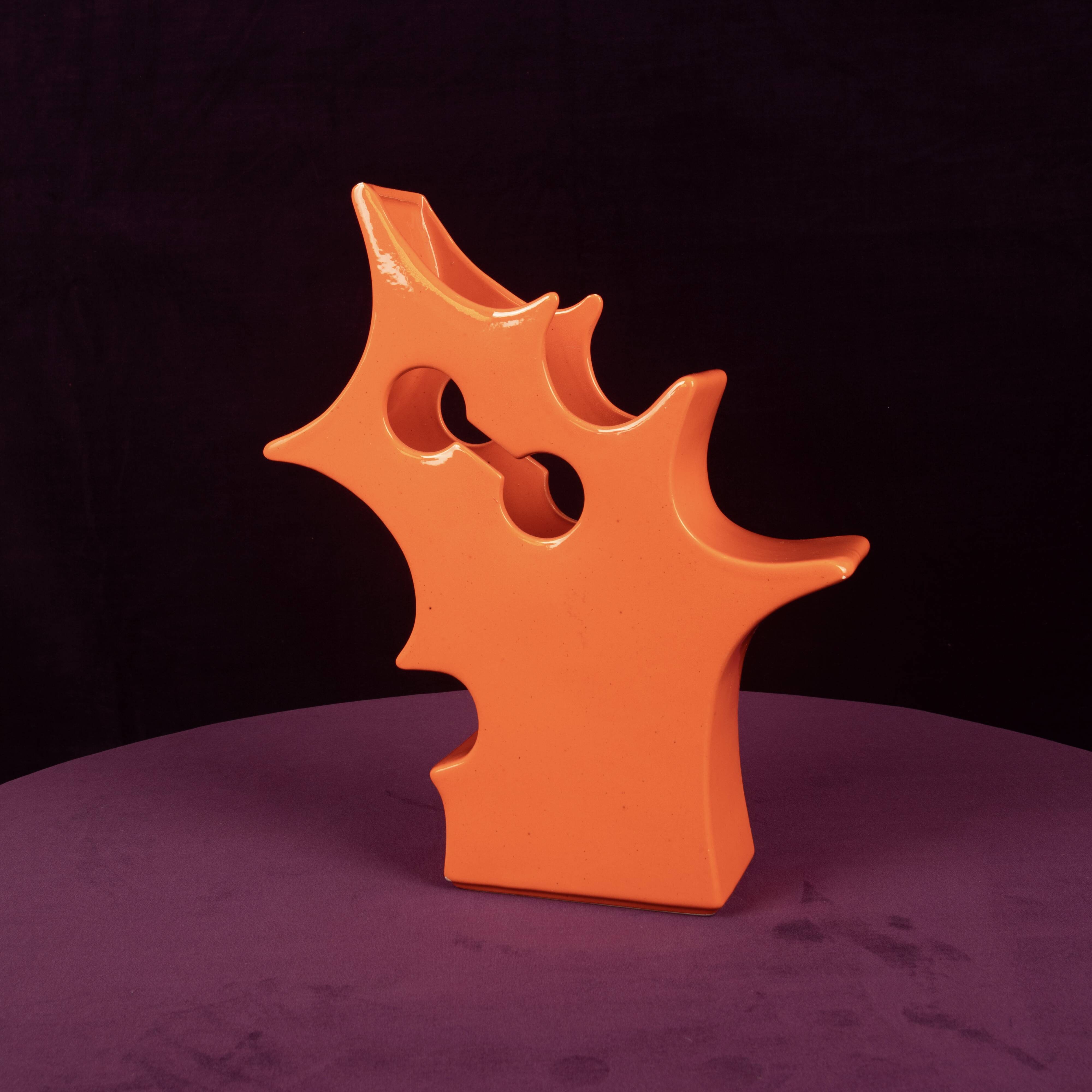 Abstract Orange Ceramic Sculptural Vase, Postmodern / Space Age, Italy, 1980