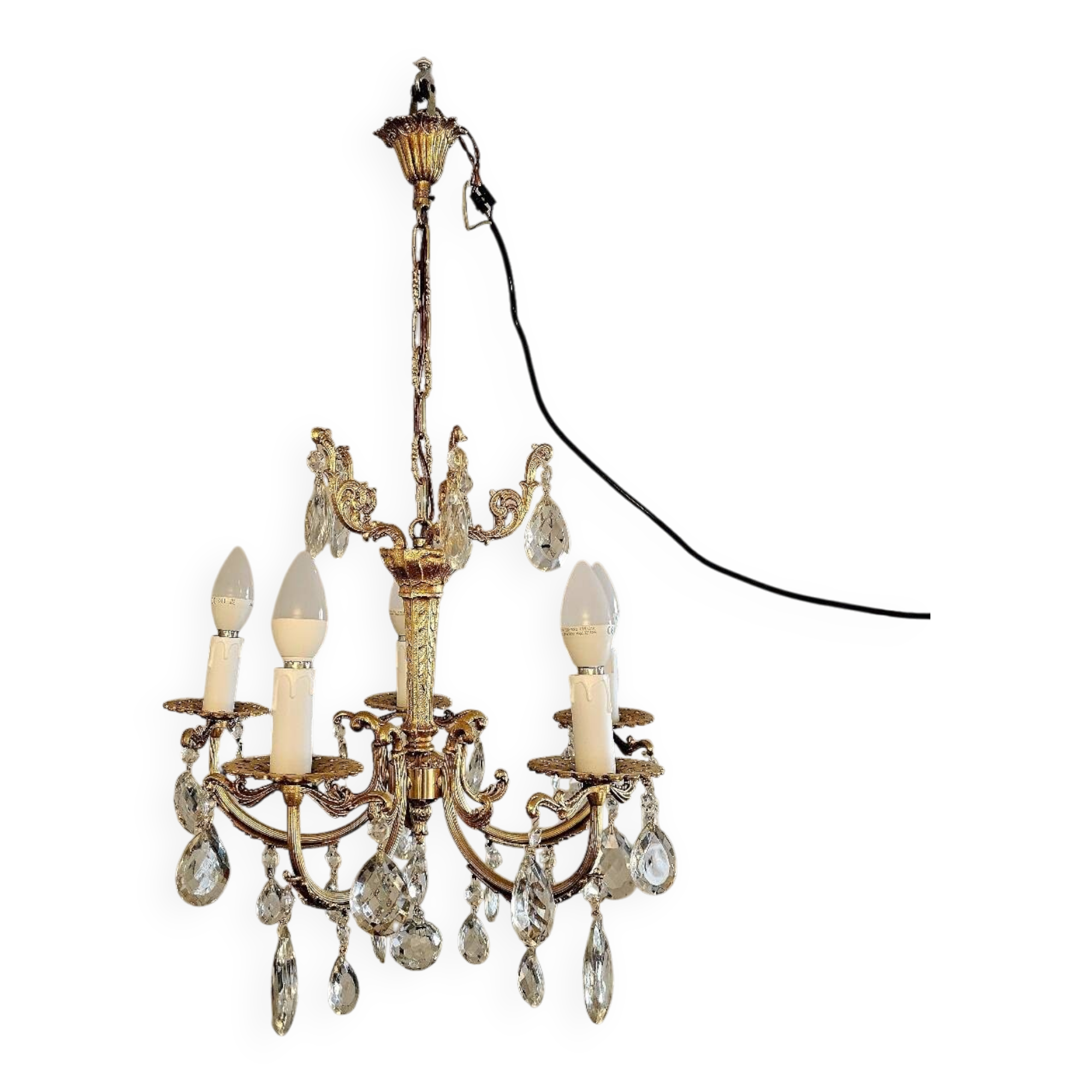 Five-light chandelier in chiseled bronze and crystal