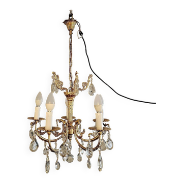 Lustre 5 feux bronze ciselé et cristal