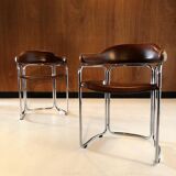 Pair of vintage armchairs, cognac leather and chrome steel 1970