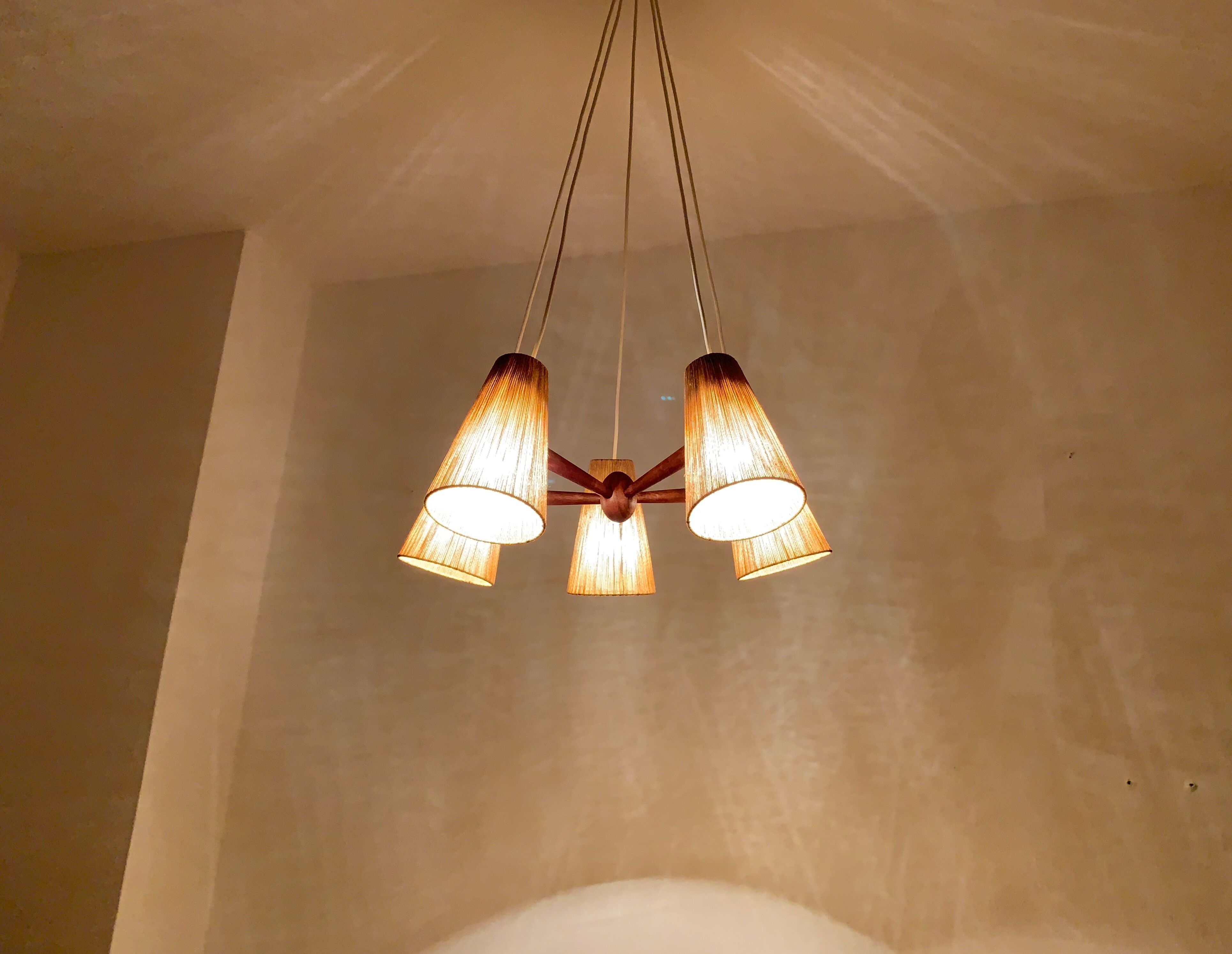 Teakwood and raffia bast chandelier by Temde