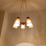 Teakwood and raffia bast chandelier by Temde