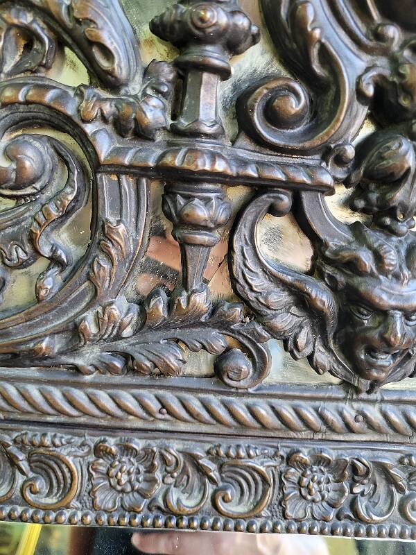 Louis xvi style repousse brass mirror with glass beads