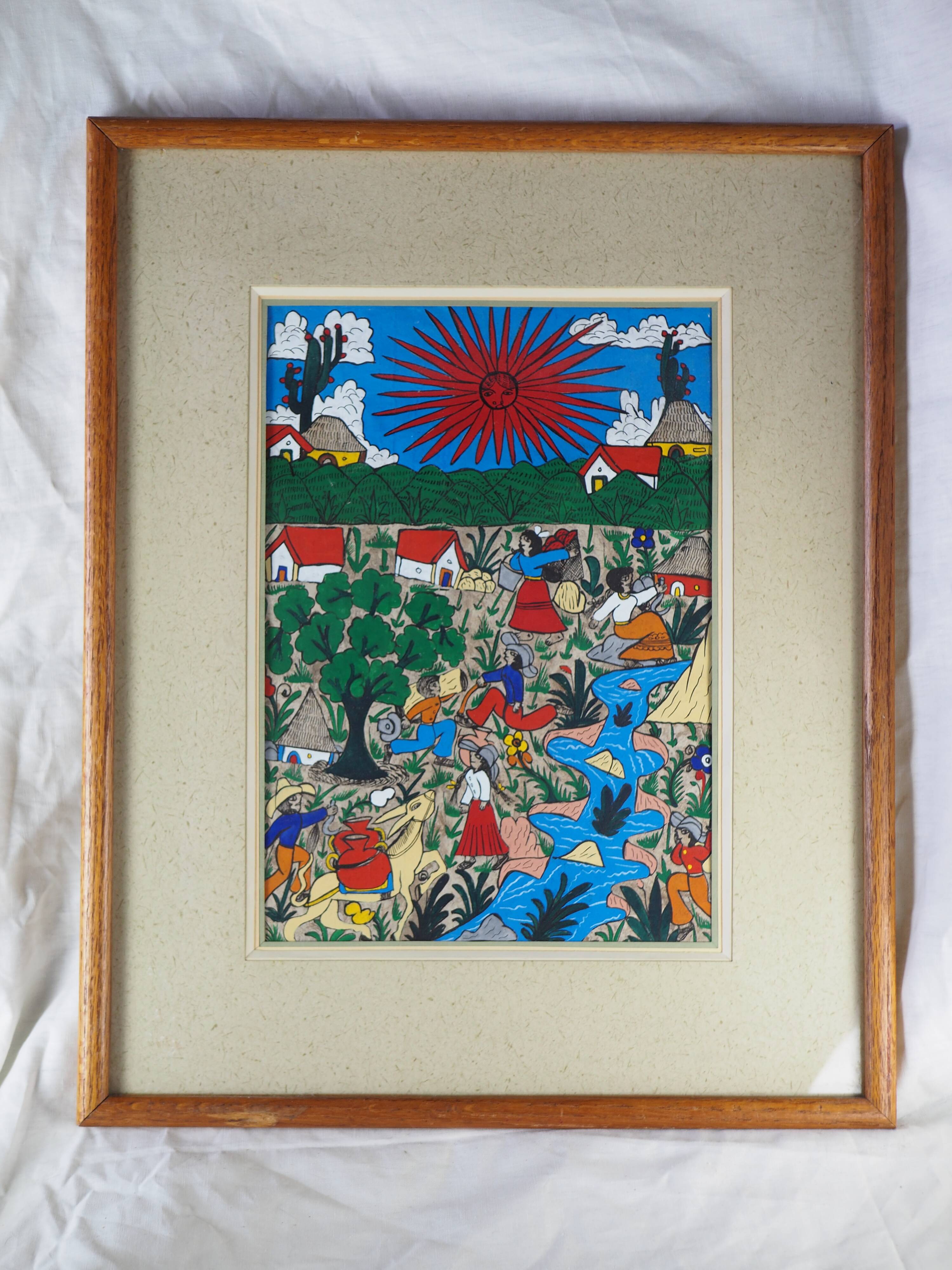 Peasants, river and donkey under a red sun - Mexican folk art - 1970s