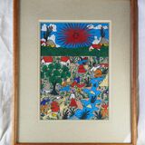 Peasants, river and donkey under a red sun - Mexican folk art - 1970s
