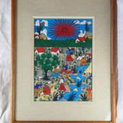 Peasants, river and donkey under a red sun - Mexican folk art - 1970s