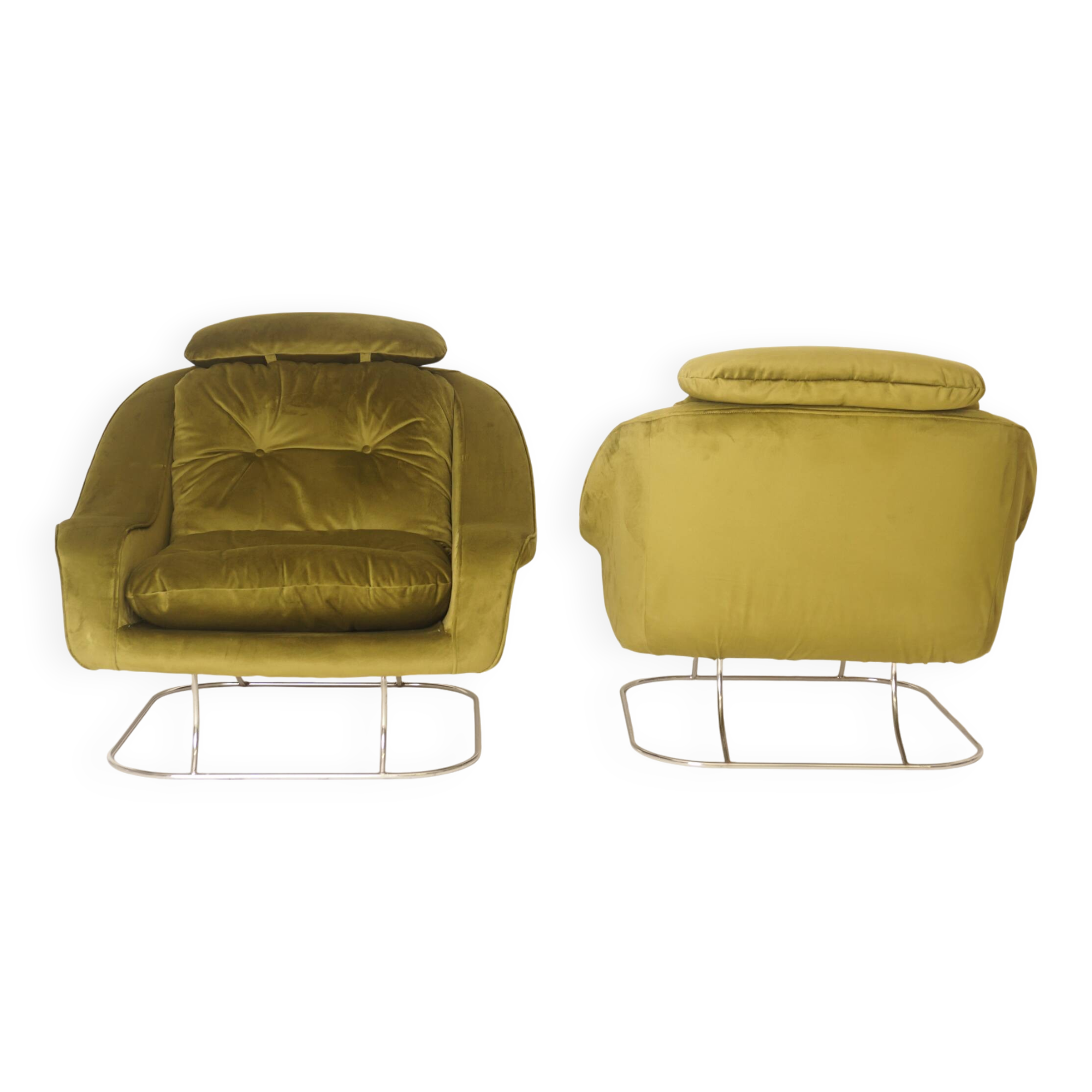 Pair of green velvet armchairs, 1970