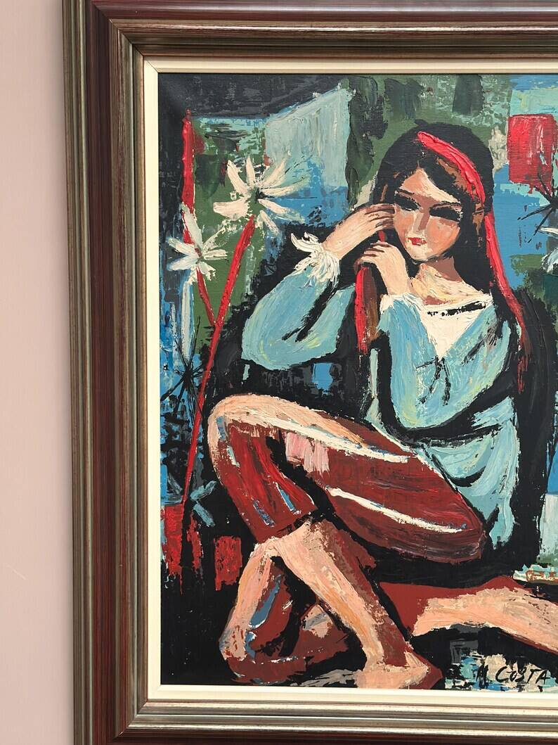 Original Swedish Oil on Canvas - "Portrait of a Young Woman" by M. Costa - Signed - Vintage and Framed - 82.5 × 67.3 cm