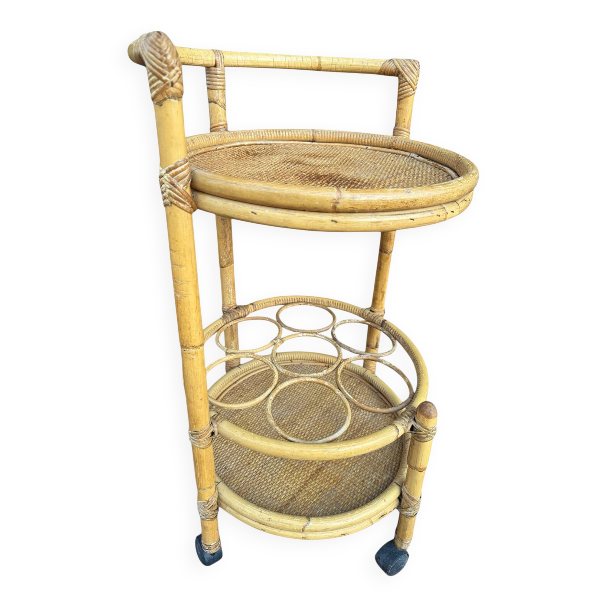 1960s rattan bottle holder rolling table