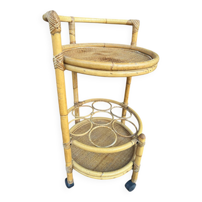 Table roulante en rotin porte bouteille des années 60