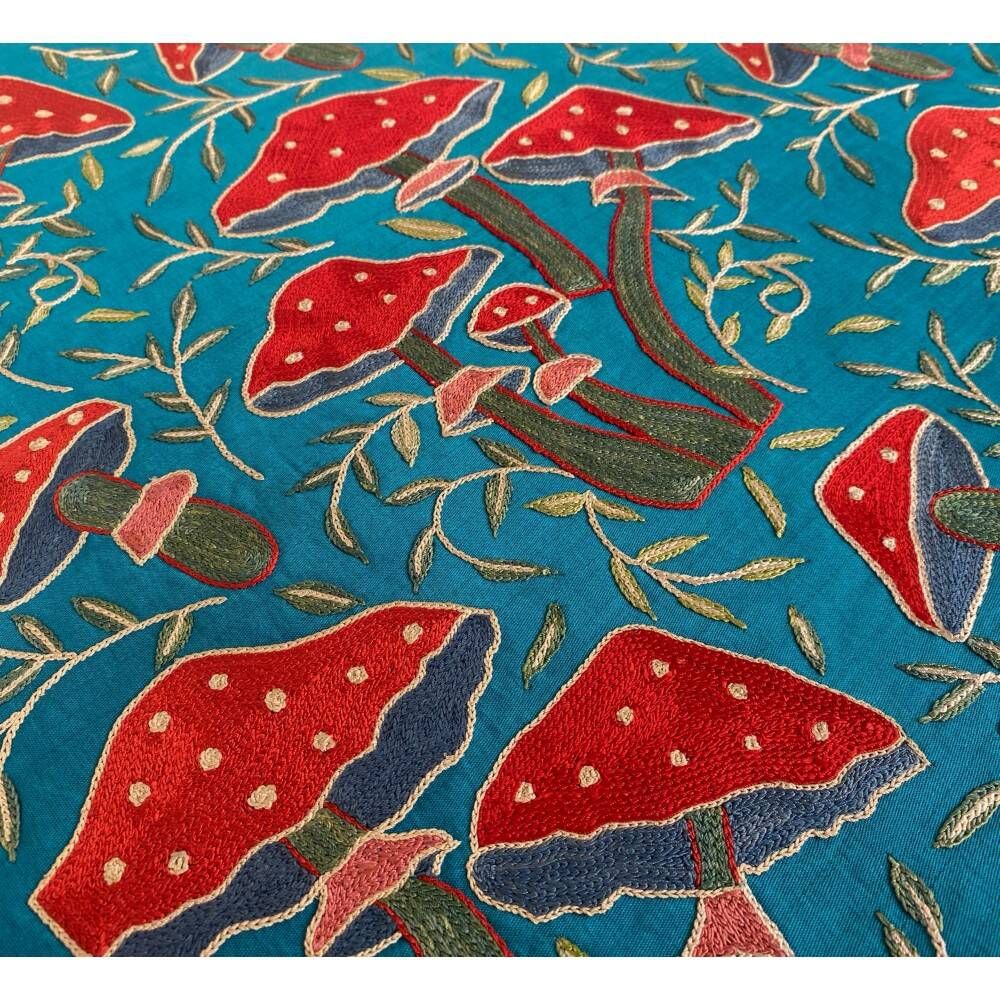 Silk Embroidered Mushroom Pattern Cushion Cover. Blue Throw Pillow Case. Traditional Accent Pillow