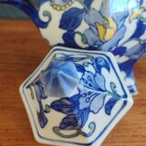 Cobalt blue teapot with flower pattern. Hexagonal teapot