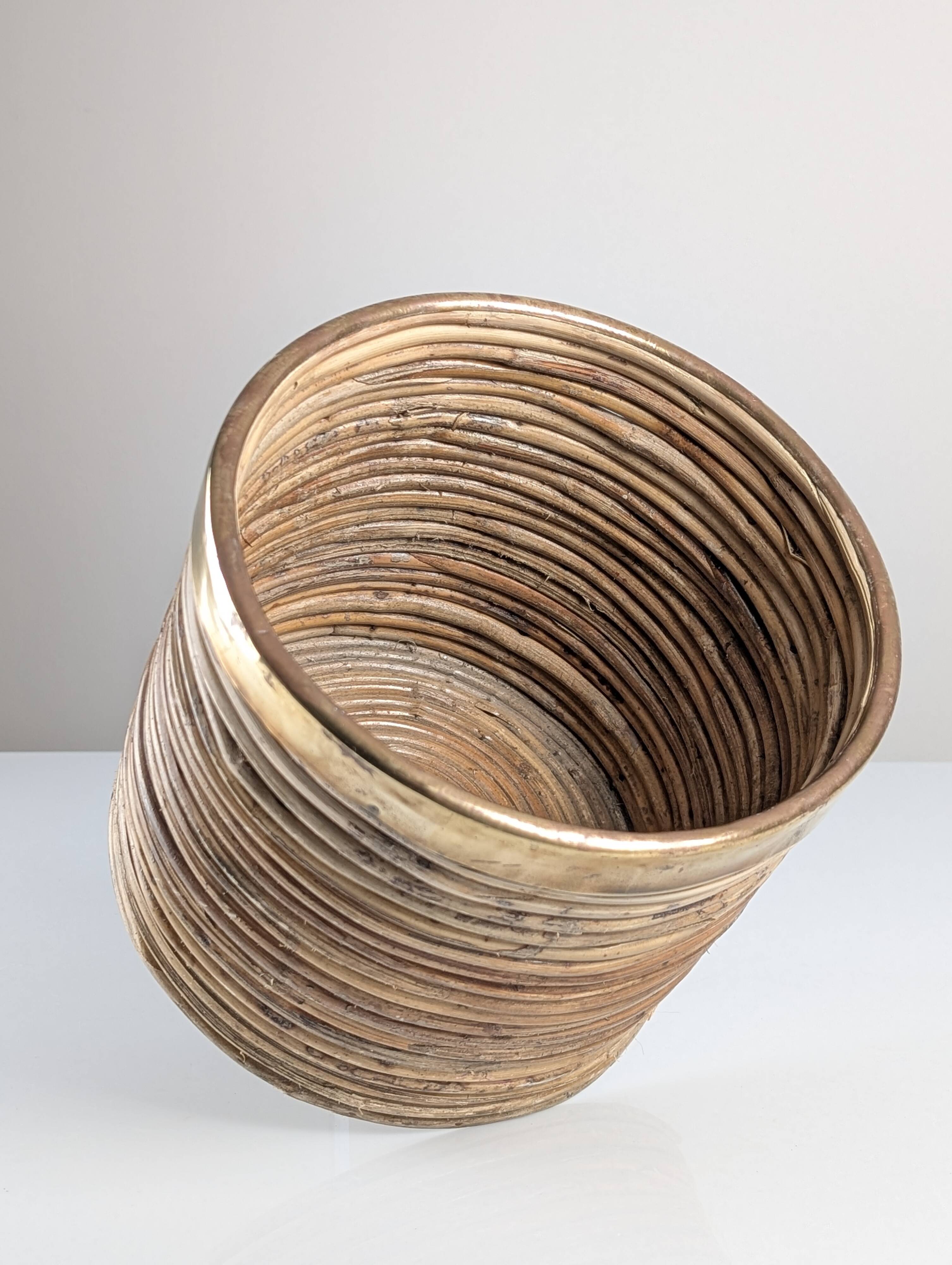 Italian Mid-Century Pencil Reed Rattan and Brass Planter, 1970s